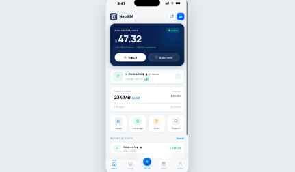 NeoSIM app — home screen showing Connected France, 234 MB daily usage, and quick access tabs
